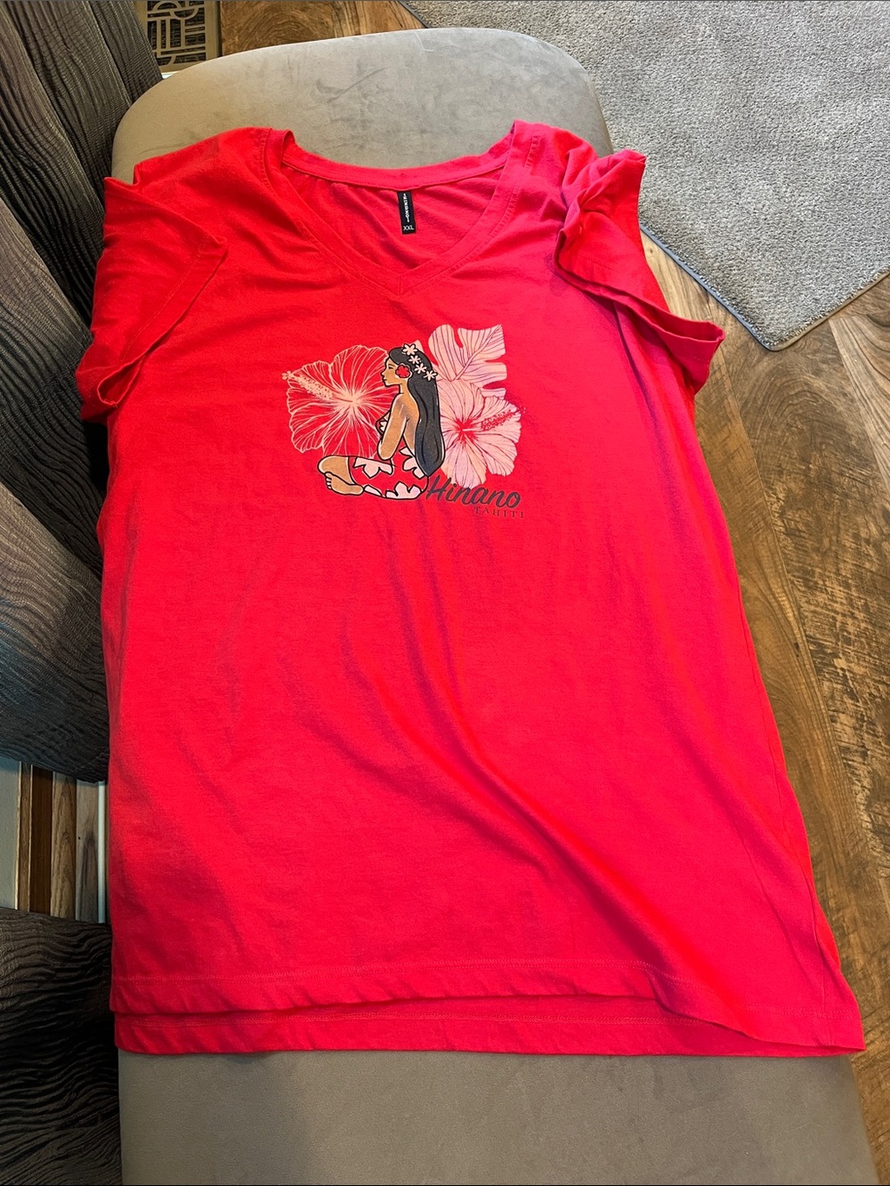 Hinano Tahiti Red V-Neck Short Sleeve Tee with Tropical Hula Girl Graphic